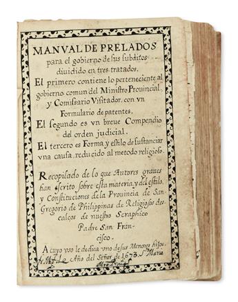 PHILIPPINES  MANUSCRIPT.  Manual de Prelados. Manuscript in Spanish on Asian paper. 1673. Lacks 2 leaves.